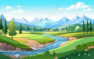 乡村村庄美丽风景河流插画农田插画背景