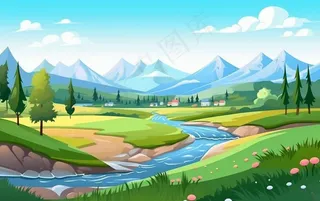 乡村村庄美丽风景河流插画农田插画背景