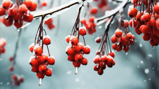 白霜覆盖在红色果实上霜降摄影图