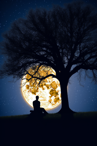 夜晚巨大月亮下大树下的男孩摄影图