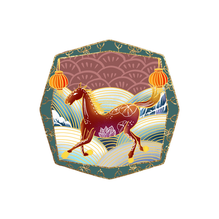 中国风国潮十二生肖马手绘烫金插画春节剪纸元素PSD设计素材