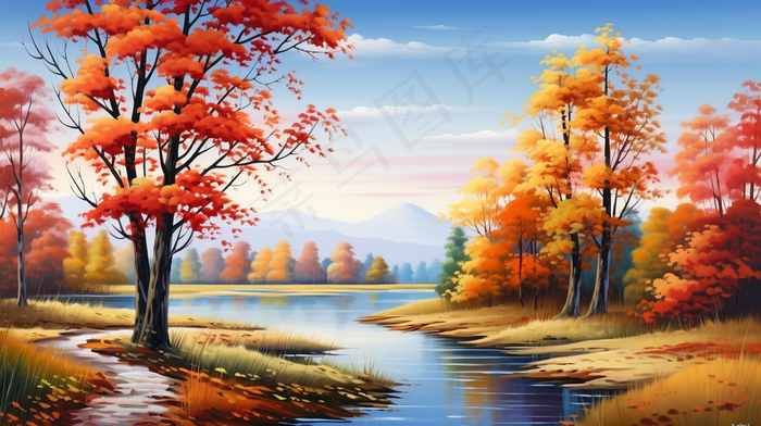 秋季树木湖泊河流风景新疆插画素材背景(4368x2448)