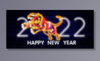 夜晚霓虹灯发光字特效老虎2022新年虎年春节元素矢量平面设计素材