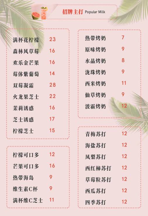 点菜单奶茶店粉色背景价目表psd模版下载