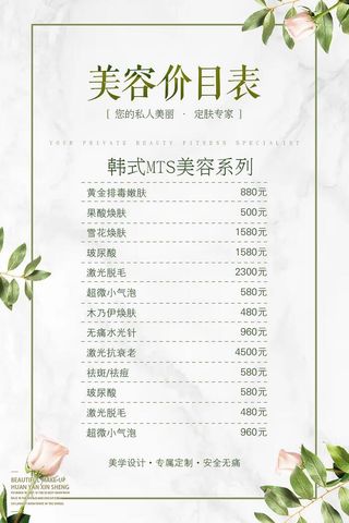 小清新美容价目表海报
