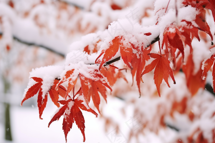 冬天雪景枫叶上的雪花摄影图(4032x2688)