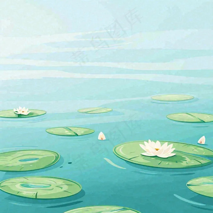 中国风夏日荷塘池白色荷花盛开手绘插画，立夏夏至大暑小暑(1024x1024)
