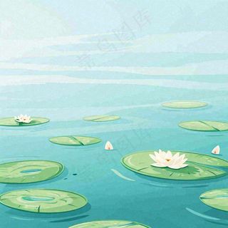 中国风夏日荷塘池白色荷花盛开手绘插画，立夏夏至大暑小暑