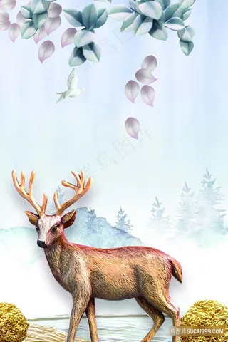 树叶落叶麋鹿风景画