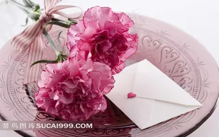 放在盘子里的白色信封和红色康乃馨