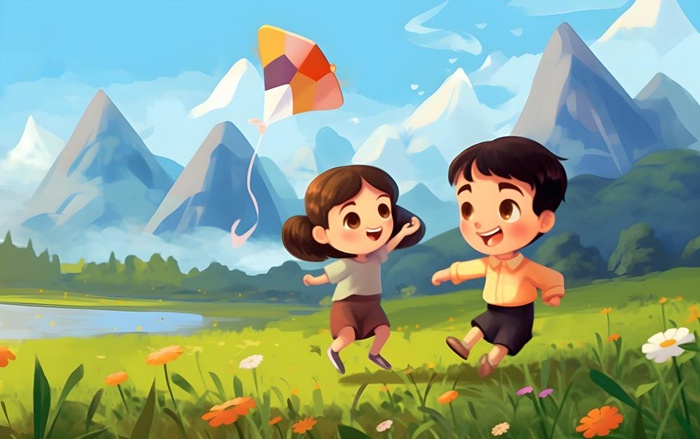 儿童孩子们大自然草原森林游玩卡通背景