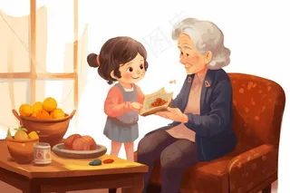 奶奶孙女品尝美食陪伴欢乐插画素材背景