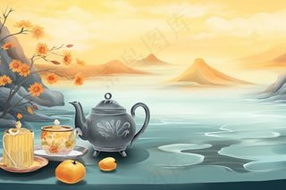 秋季山水赏菊泡茶重阳节插画素材