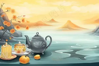 秋季山水赏菊泡茶重阳节插画素材