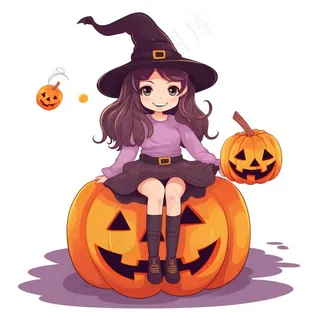 万圣节女巫南瓜灯捣蛋卡通插画免抠