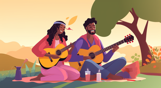 两个年轻人坐在地上弹吉他插画配图