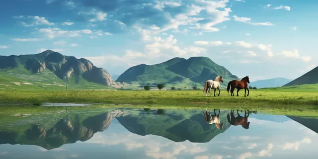 蓝天白云湖泊山峰马匹在吃草美景摄影图 蓝天白云湖泊山峰马匹在吃草美景摄影图