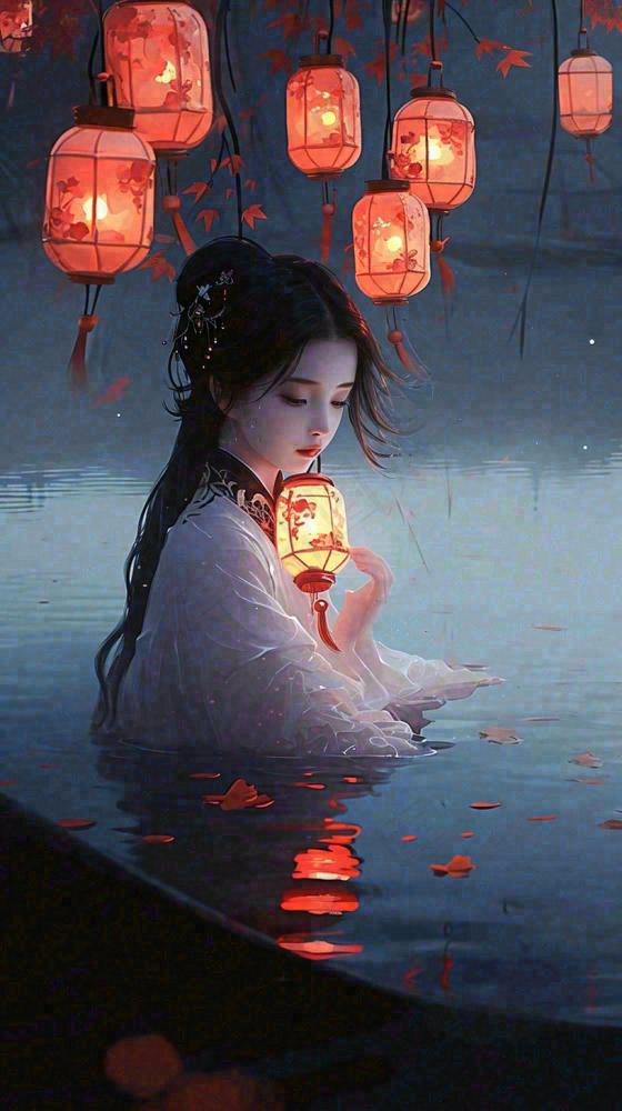 古风夜晚湖边少女灯笼意境水面