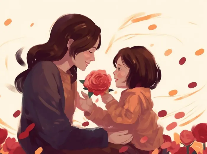母亲节妈妈拥抱着孩子花海手绘插画素材海报背景(1264x944)