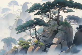 黄山迎客松风景水彩松树风光墨绿色插画