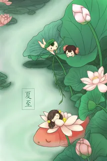 荷花荷叶小孩夏至插画墨绿色游玩