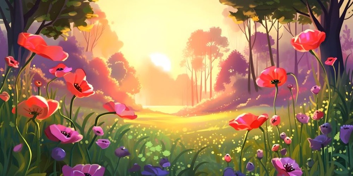 春天夕阳花丛草丛森林手绘插画海报素材背景(6144x3072)