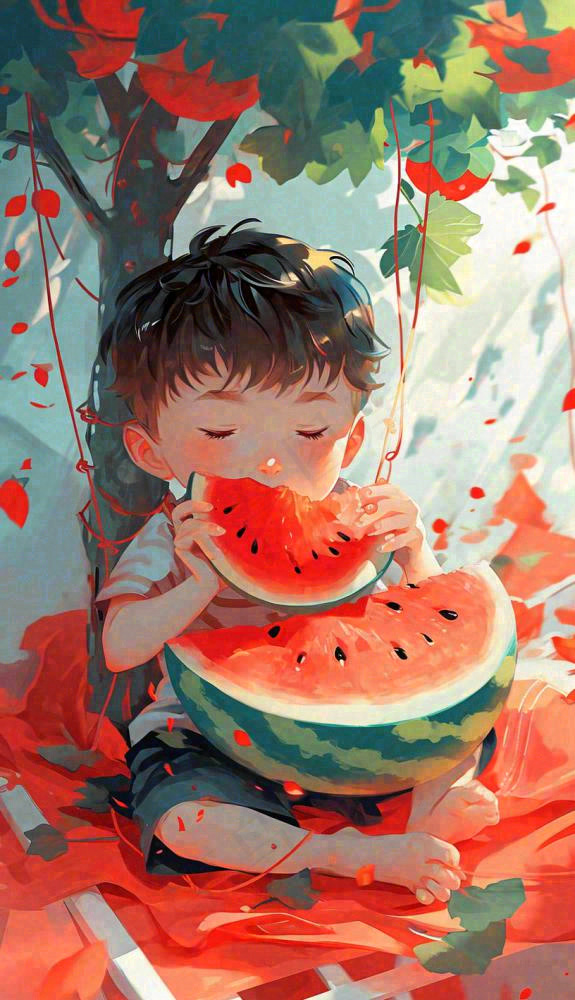夏日清凉阳光男孩吃西瓜油画手绘插画，儿童节夏至大暑小暑(816x1418)
