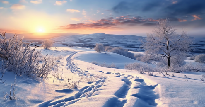 茫茫的雪原清晨日出霞光普照摄影图(4512x2352)