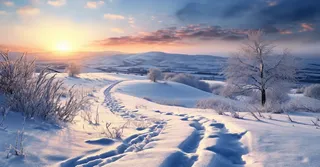 茫茫的雪原清晨日出霞光普照摄影图