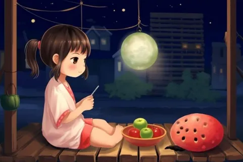 夜晚窗边赏月人物插画背景