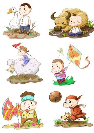 清明节青团卡通踏青人物男女孩放牛娃元素春季春游PSD设计PNG素材