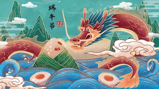 国潮风中国传统节日端午节赛龙舟粽子场景插画海报PSD设计素材