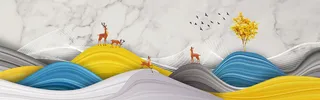 金色山水大理石鹿群背景