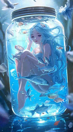 漫画少女海底瓶罐金鱼水面鱼类游泳插画手绘