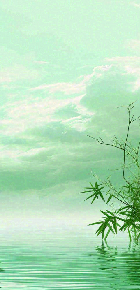 中国风绿色唯美已经云海河湖竹子，水面倒影