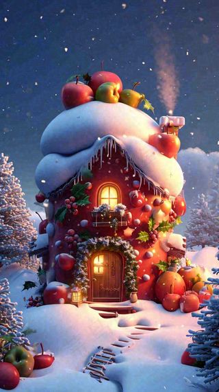 冬天苹果红色雪屋雪地雪花，圣诞节可爱卡通