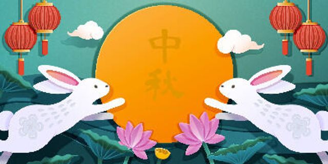 手绘中秋节双兔子荷花背景