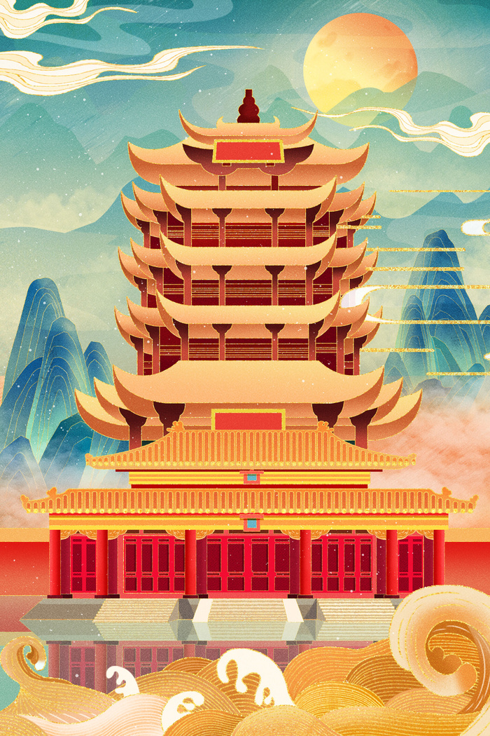 中国风国潮古建筑地标城市古风建筑阁楼印象地标手绘插画PSD素材psd模版下载