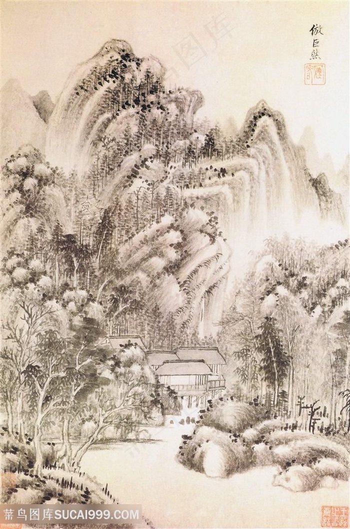 王时敏仿古山水册之仿巨然国画图片