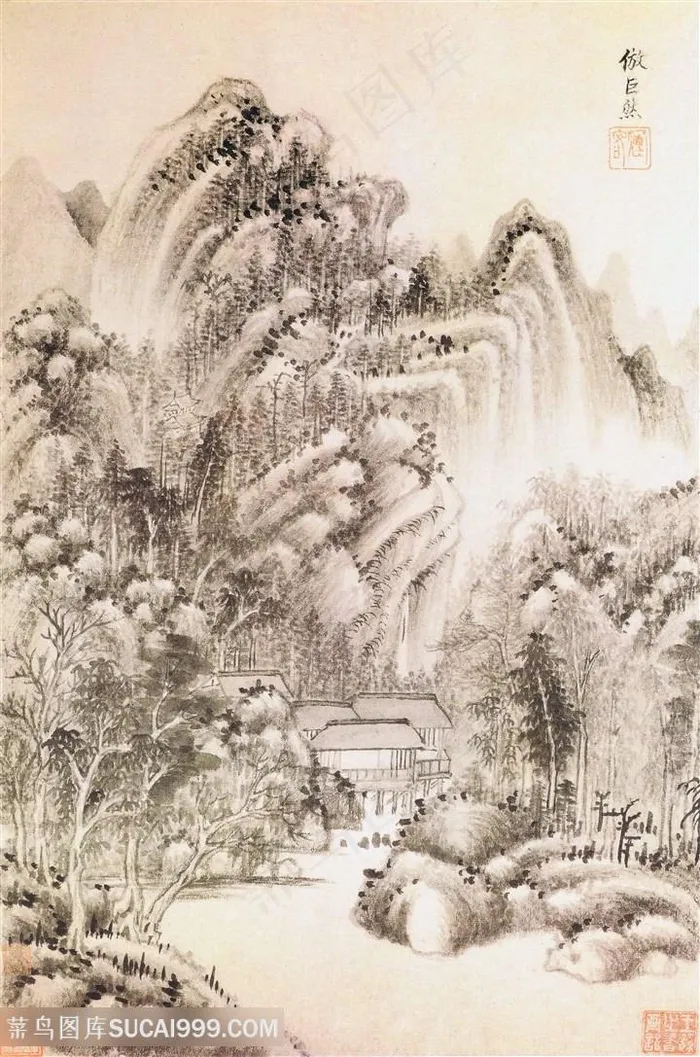 王时敏仿古山水册之仿巨然国画图片