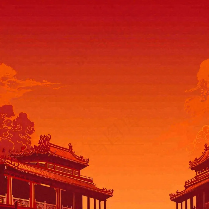 红色渐变国风建筑剪影，中国风简约(1024x1024)