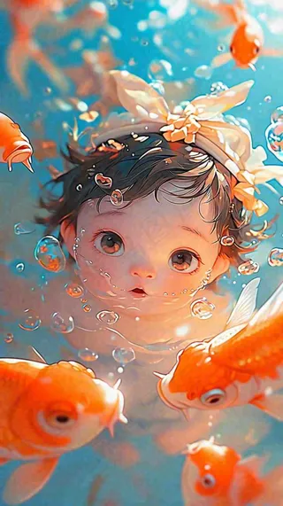 夏天泳池婴儿小孩游泳玩耍金鱼锦鲤，小暑大暑