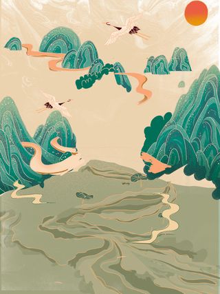 中国风国潮风山水祥云插画图案首页装修海报背景PSD设计模板素材