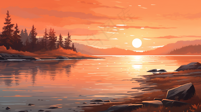 秋季夕阳下的森林湖泊倒映插画素材背景(4368x2448)