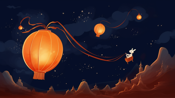 夜晚红灯笼白兔卡通插画素材(4368x2448)