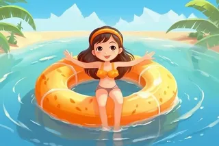 女孩沙滩海边游泳泳圈背景