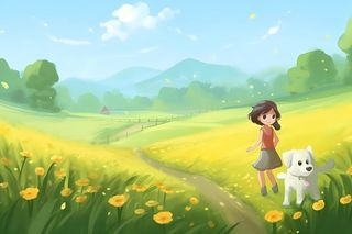 春天蓝天白云草原黄花小女孩小狗动物漫步奔跑