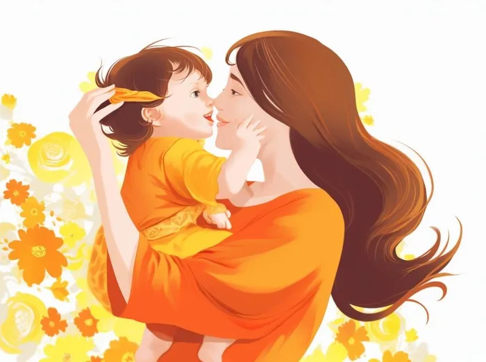 母亲节妈妈拥抱着孩子花海手绘插画素材海报背景(1264x944)