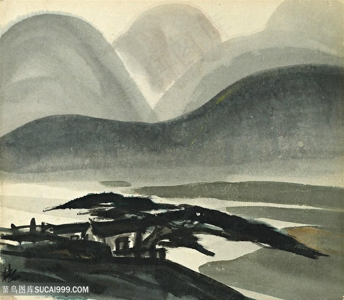 林风眠水墨山脉风景画