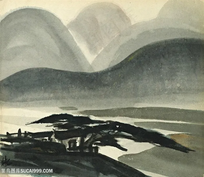 林风眠水墨山脉风景画